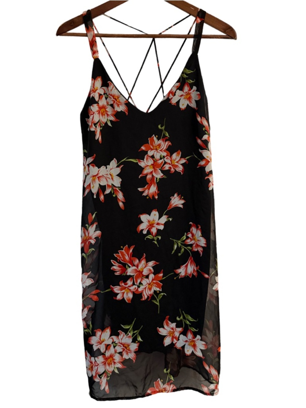 Sienna Sky Black Midi Slip Dress with Orange-Red Floral Print